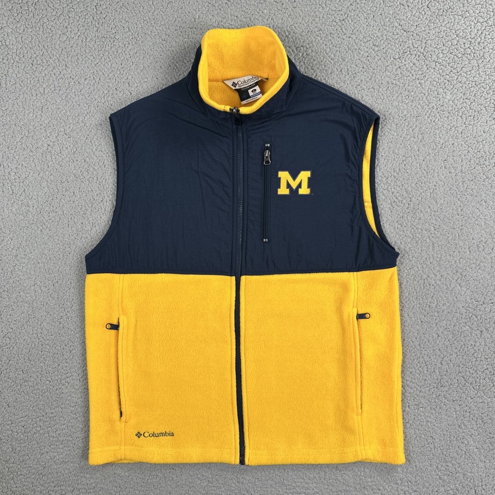 Columbia Michigan Wolverines Full Zip Fleece Vest Men Large Maize Blue Logo